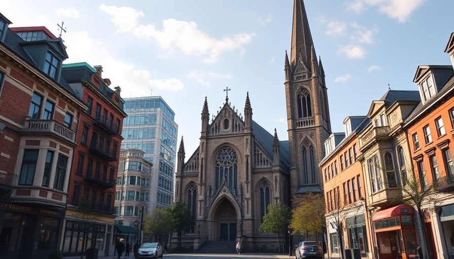 Gothic church with spire on a quiet city street.