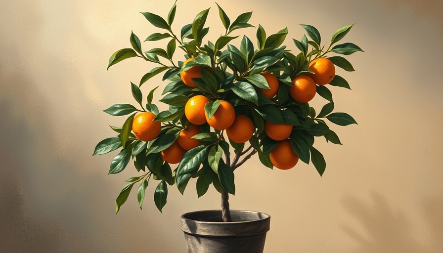Abstract impressionist painting of potted orange tree in earthy tones