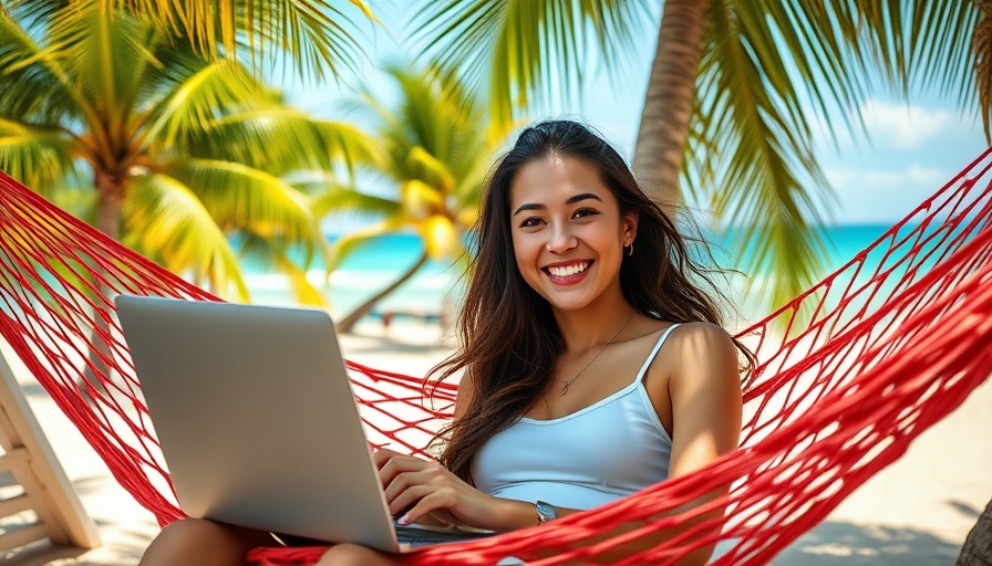 Woman enjoying location independent income on beach hammock.