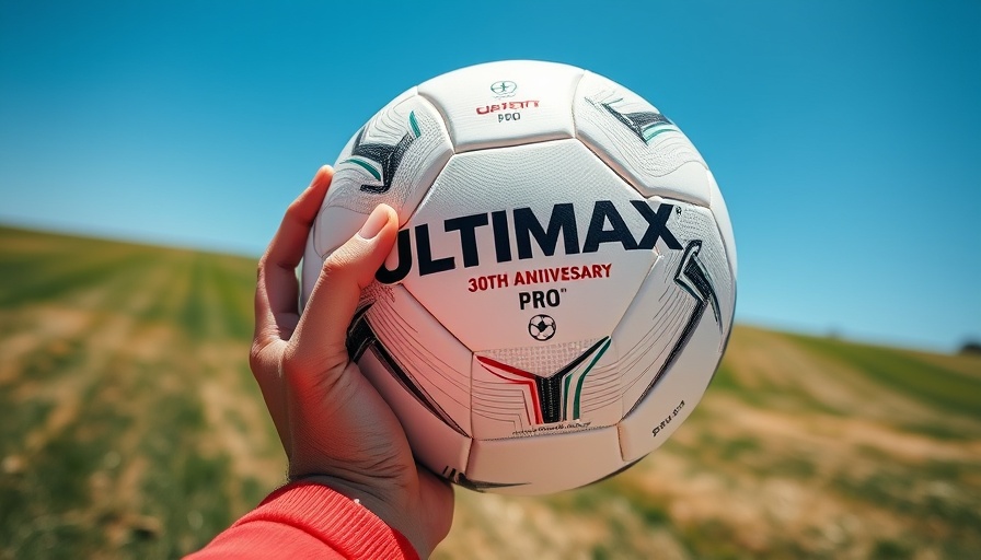 Hand holding Ultimax Pro 30th Anniversary ball in field.