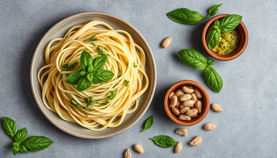 Aerial view of pesto pasta with pine nuts and basil on gray surface.