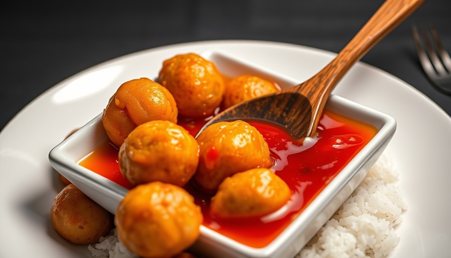 Sweet and sour Chinese chicken balls on a plate with sauce.