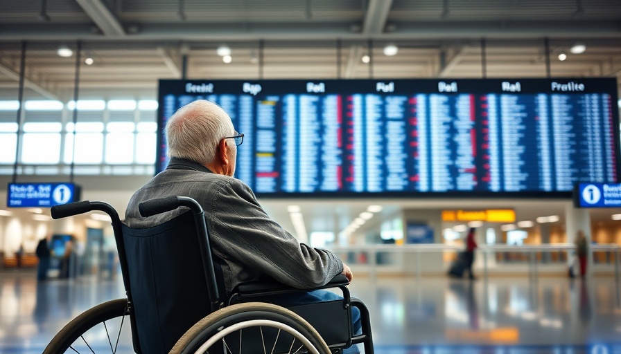 Elderly person in wheelchair at airport, focusing on flight board.