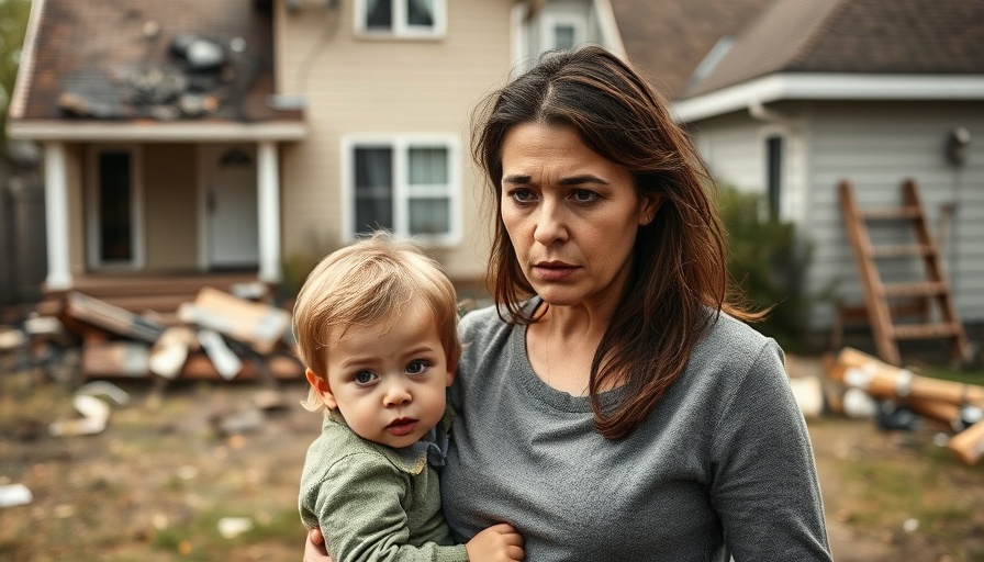 Mother and son stand amidst fire damage, illustrating a family saved scenario.