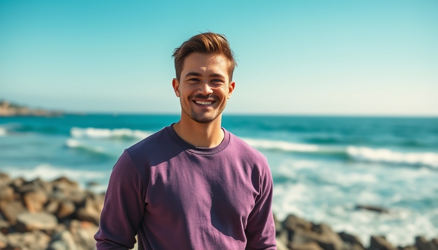 Man wearing CDLP purple sweatshirt by seaside, Autumn 2025 Essentials Collection.