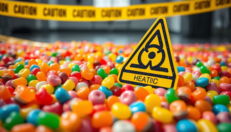 Colorful candies with caution tape, eliminate synthetic food dyes warning.