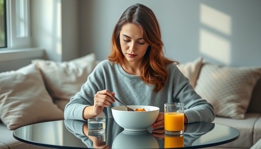 Woman enjoys breakfast with orange juice, suggesting protein isn't the secret to satiety.