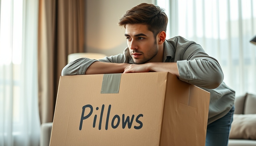 Young man unpacking a box labeled 'Pillows' in a new apartment.