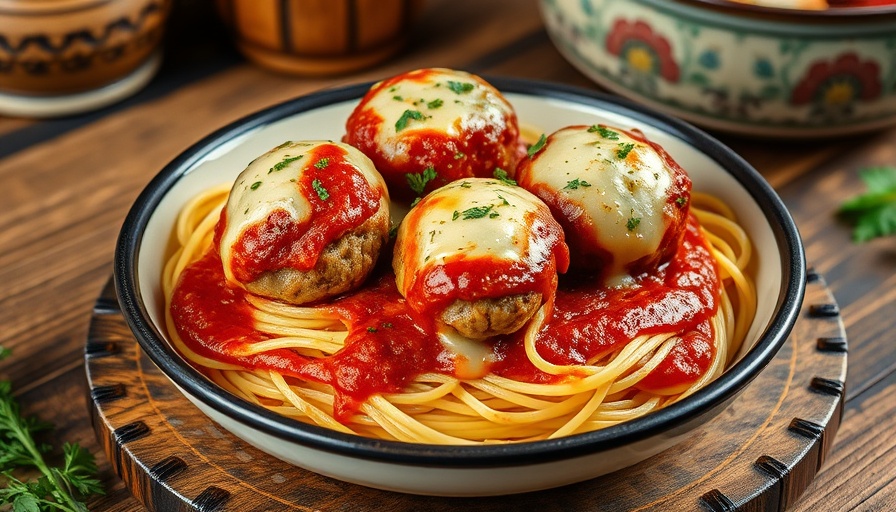 Delicious Chicken Parmesan Meatballs with melted cheese over spaghetti.