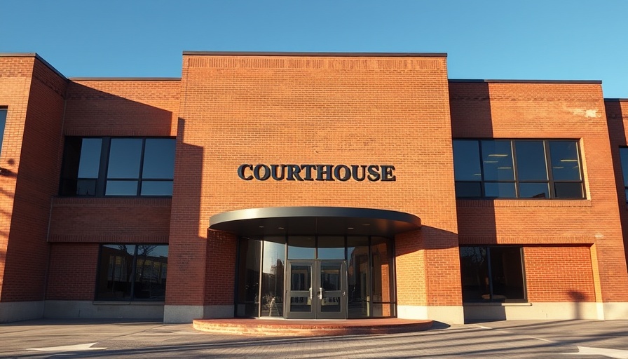 Leicestershire courthouse exterior under clear blue sky.