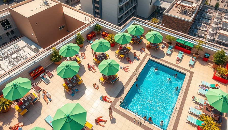 Lively rooftop pool area at Ryans Lolas Ibiza with sunbathers and umbrellas.