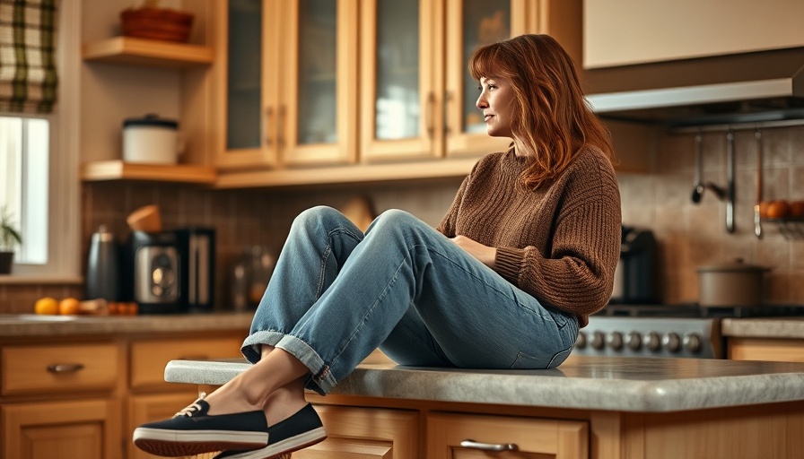 Casual '90s mom outfit with jeans and sweater in a cozy kitchen.