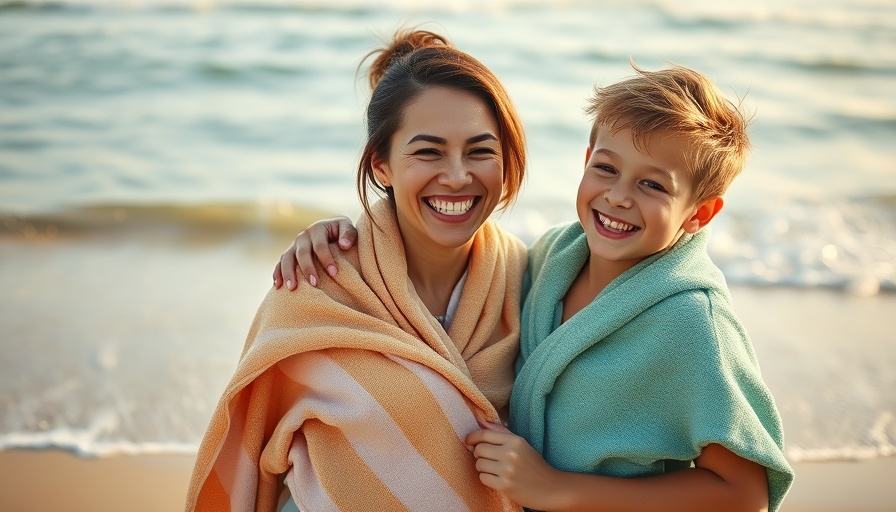 Joyful mother and son embracing on a serene beach.