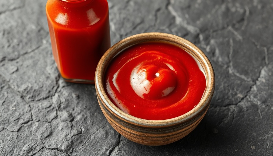 Vibrant red kebab shop sauce in bowl and bottle on stone.