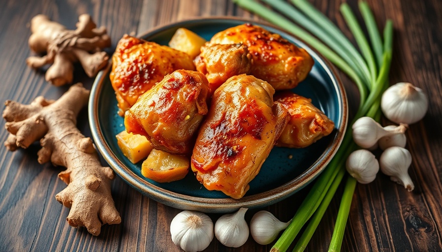 Crispy Asian chicken thighs on a ceramic plate with ginger and garlic.