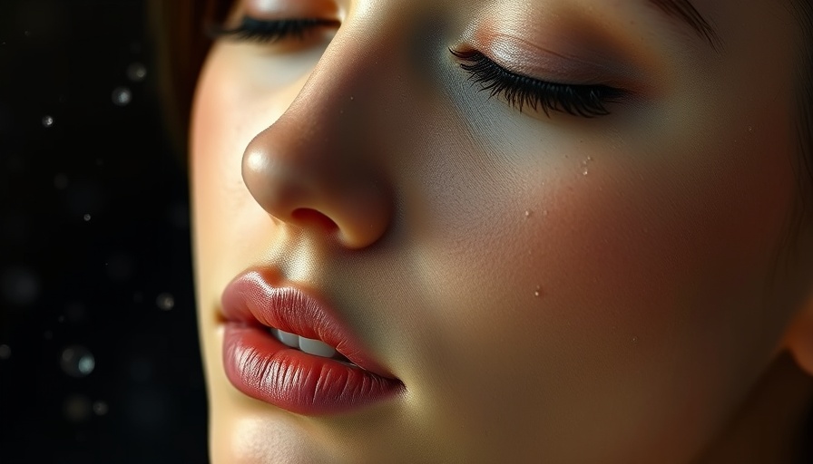 Serene woman in close-up with water droplets on face, dark background