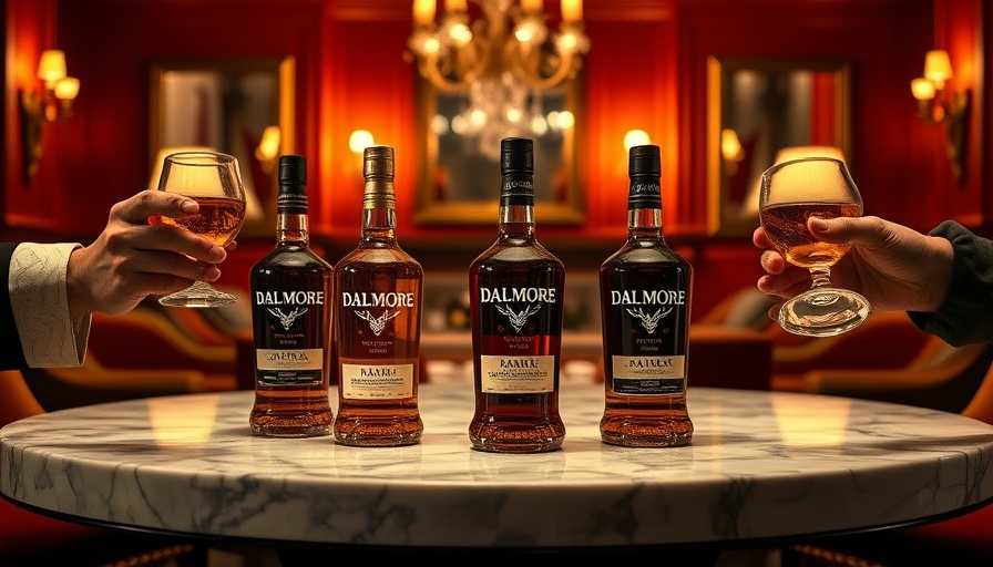 Fine collection of rare Dalmore whiskies on marble table in a cozy setting