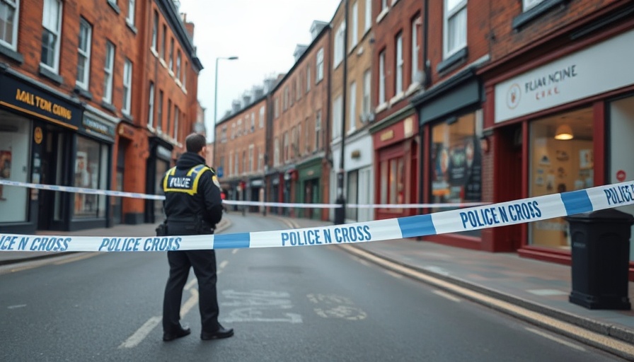 Police tape in Leicester city stabbing scene, cordoned area with officer.