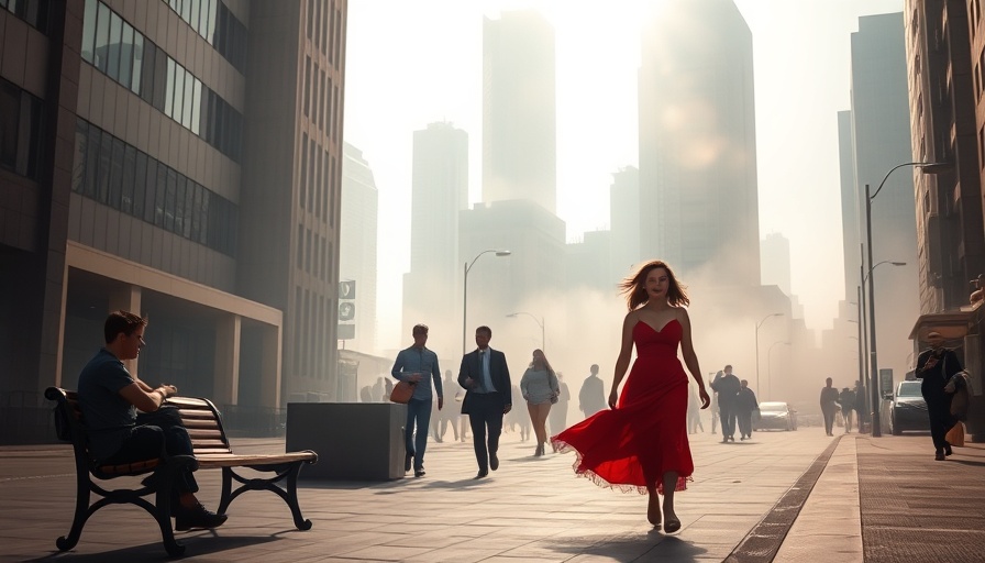 Pedestrians in misty city scene highlighting heat risks.