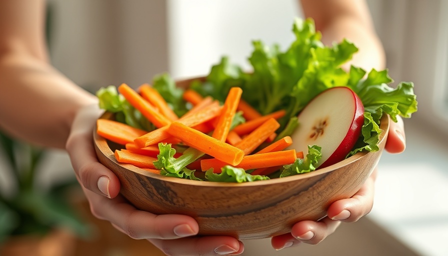 Wooden bowl with fresh lettuce, apple, carrots for SIBO diet.