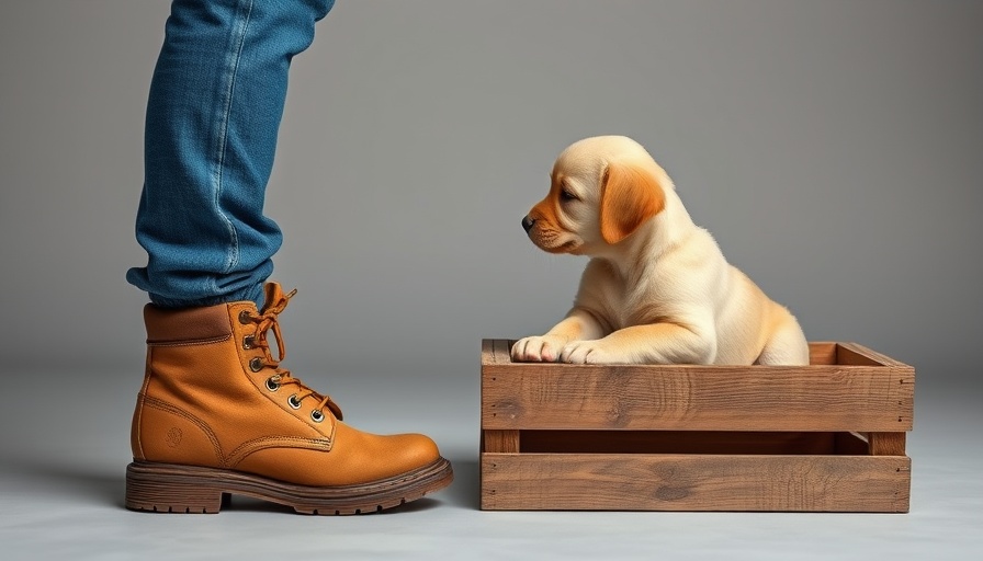 Logger boot next to a cute puppy on a branded wooden crate.