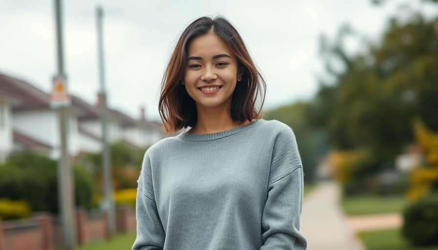Smiling woman outdoors in grey sweater, cloudy day