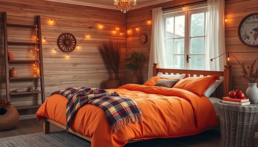 Cozy autumn-themed bedroom with warm tones and decor.