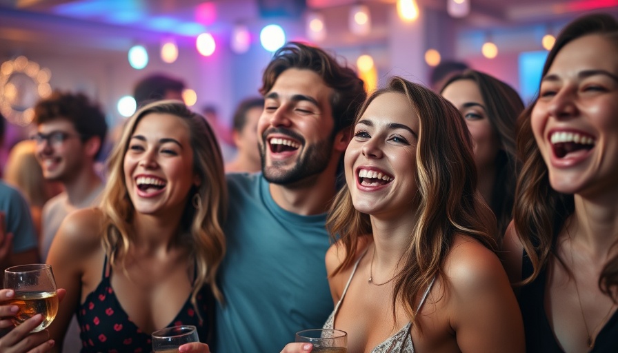 Joyful young adults at a party, laughing together, colorful lights.
