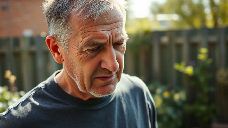 Middle-aged man experiencing persistent heartburn outdoors, highlighting health awareness for oesophageal cancer.