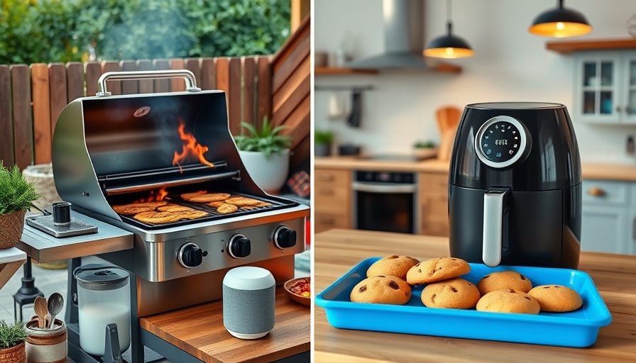 Collage of home essentials like BBQ grill, smart speaker, air fryer, cookies. Avoid Amazon Scams.