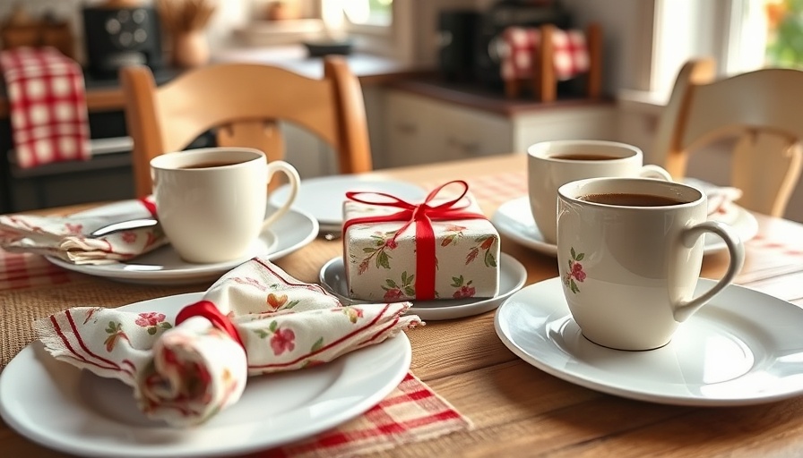 Cozy cottage craftsmanship table setting with red floral napkins and coffee mugs.