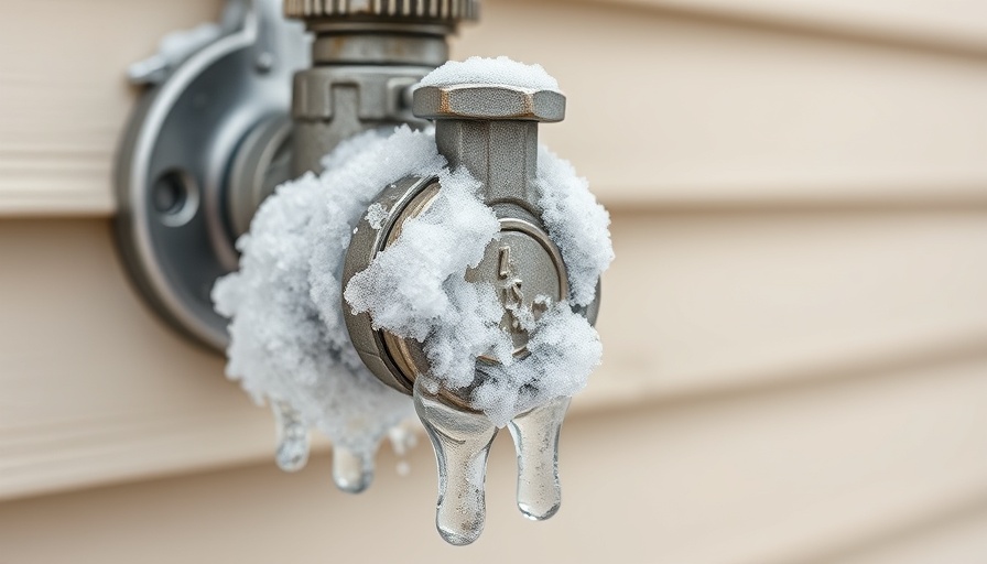 Snow-covered outdoor hose spigot on beige siding for winterizing
