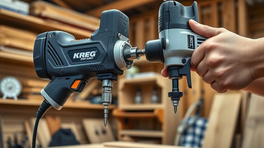 Hands using Kreg 20V power tools for woodworking precision.