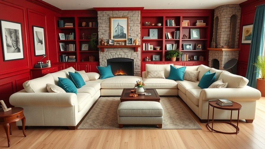 Cozy living room with cream sectionals for small spaces.