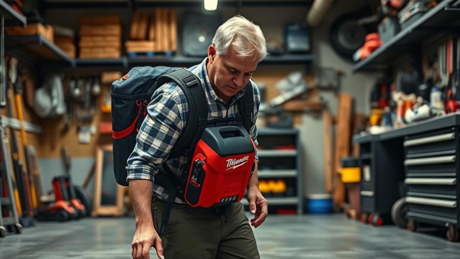Man using Milwaukee M18 Fuel Backpack Vacuum for garage cleaning.