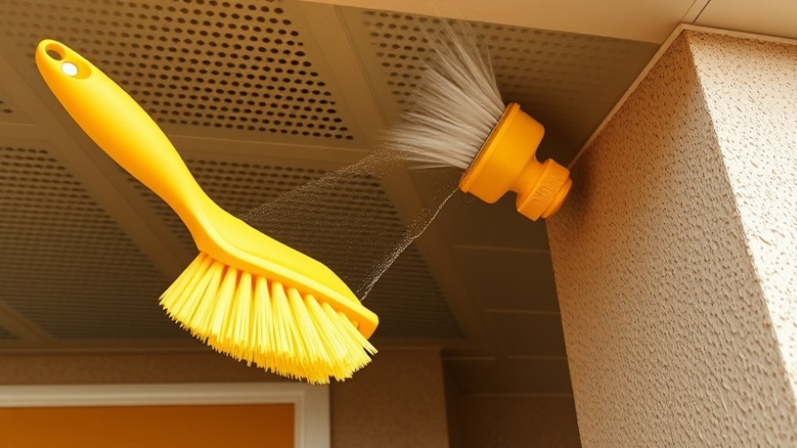 Removing spider sacs from home exterior with a brush tool.