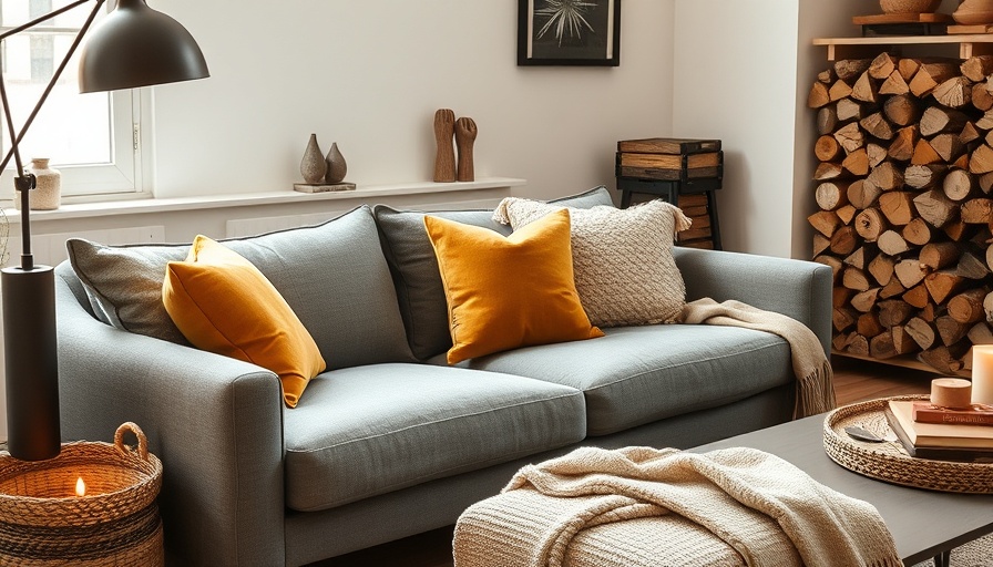 Cozy hygge style living room with a grey couch and mustard pillow.