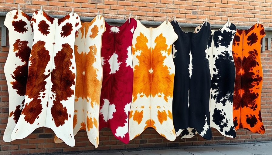 Colorful cowhide rugs drying in the sun against a brick wall.