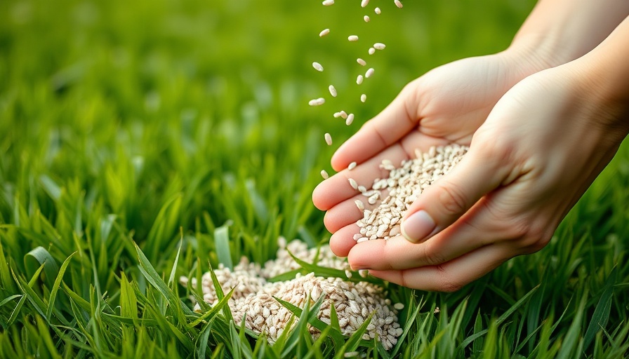 Hands pouring grass seeds with green lawn background.