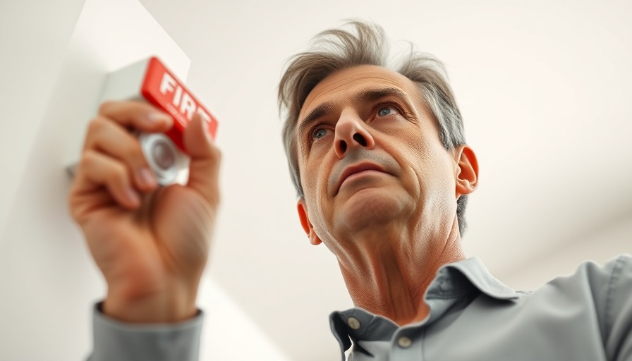 Man pressing fire alarm button, focused expression, soft lighting.