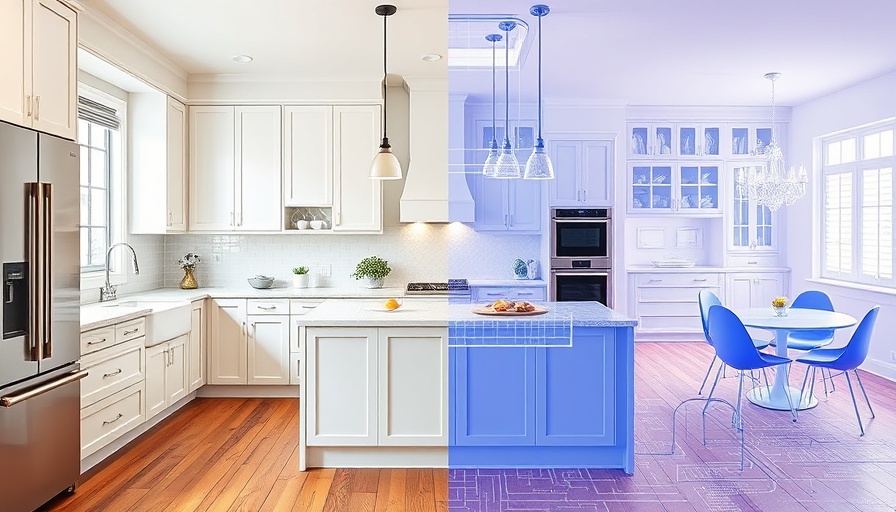 Modern kitchen design juxtaposed with blueprint, illustrating the right features for kitchen remodel.
