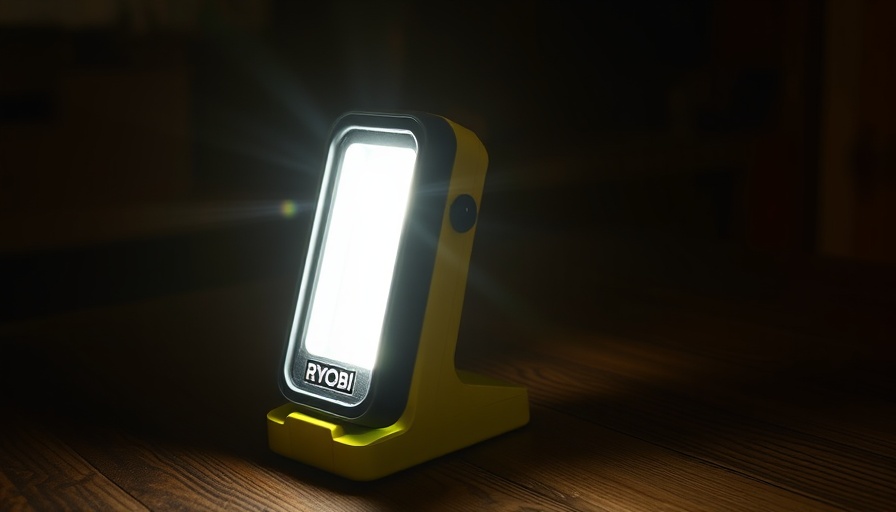 Ryobi One+ 18V task light shining in a dark room.