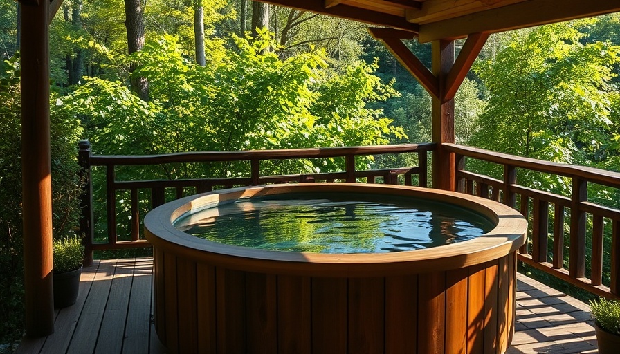 DIY hot tub ideas: Wooden hot tub in serene garden setting.