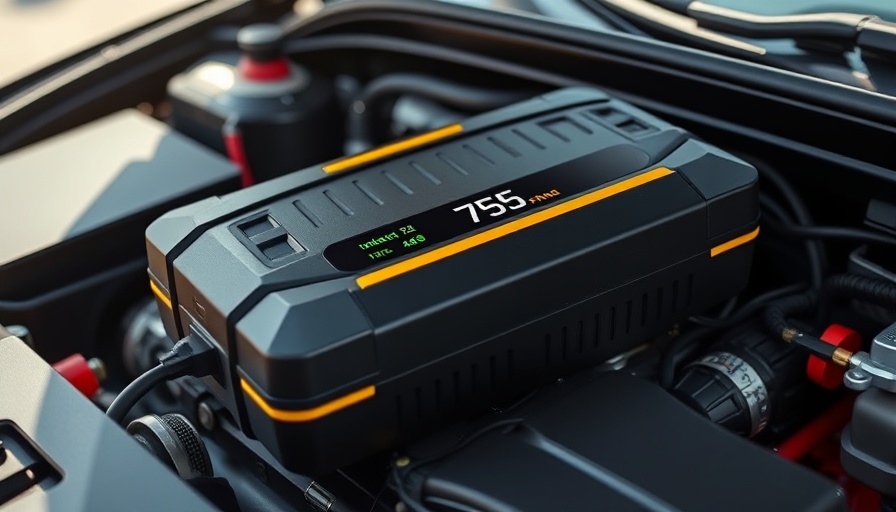 Wolfbox MegaVolt 24 jump starter showing 75% charge on car engine.