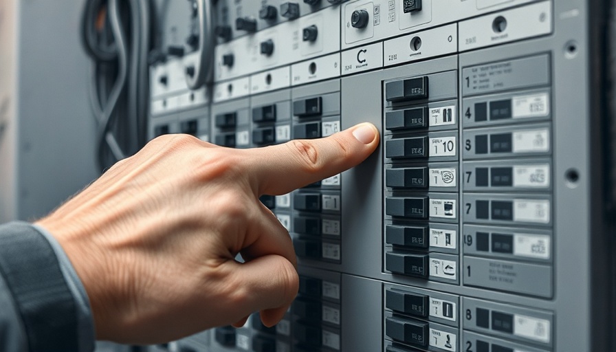Close-up of finger on circuit breaker panel to avoid homeowner headaches and save money.