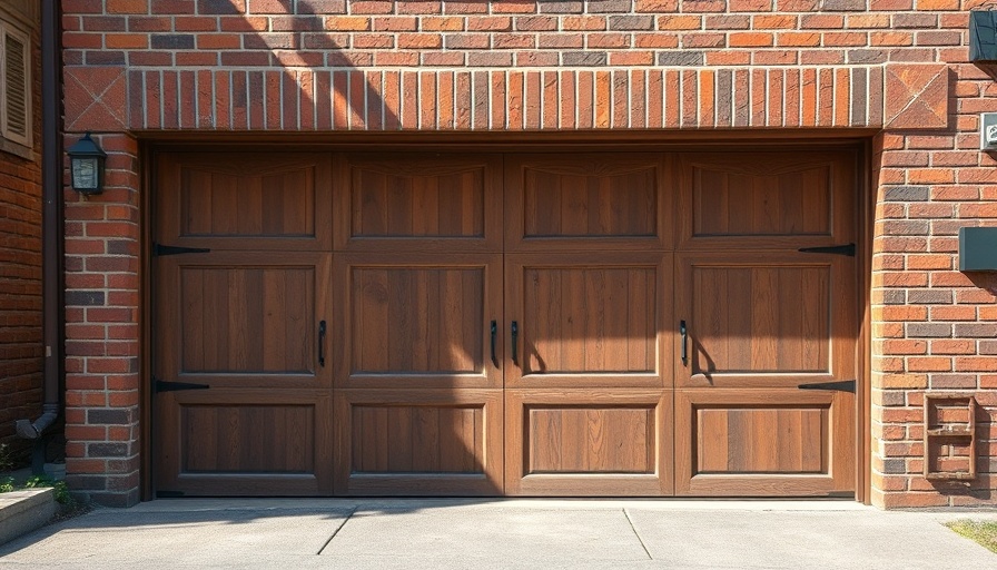 Wooden garage door with brick wall