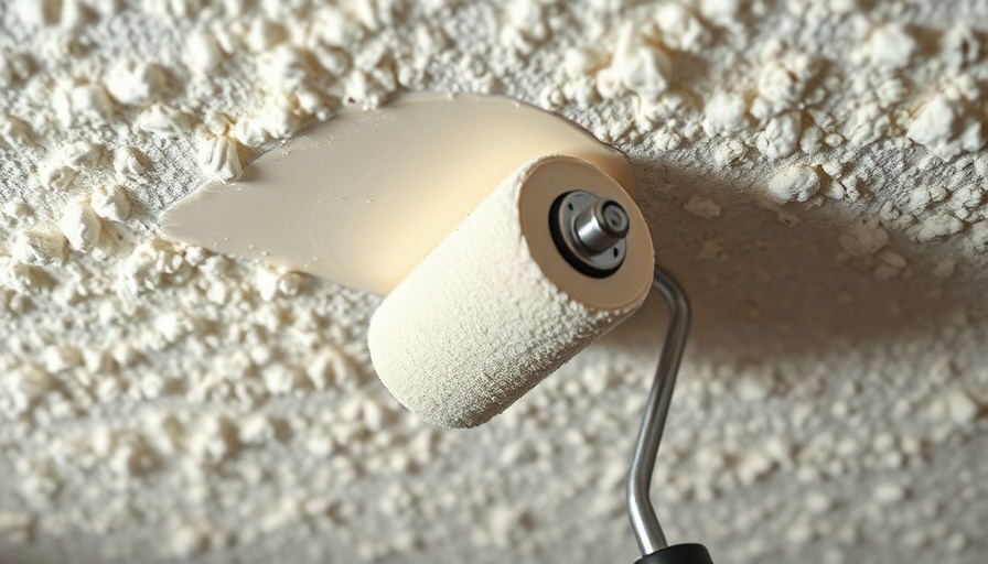 Close-up of painting a popcorn ceiling with roller.
