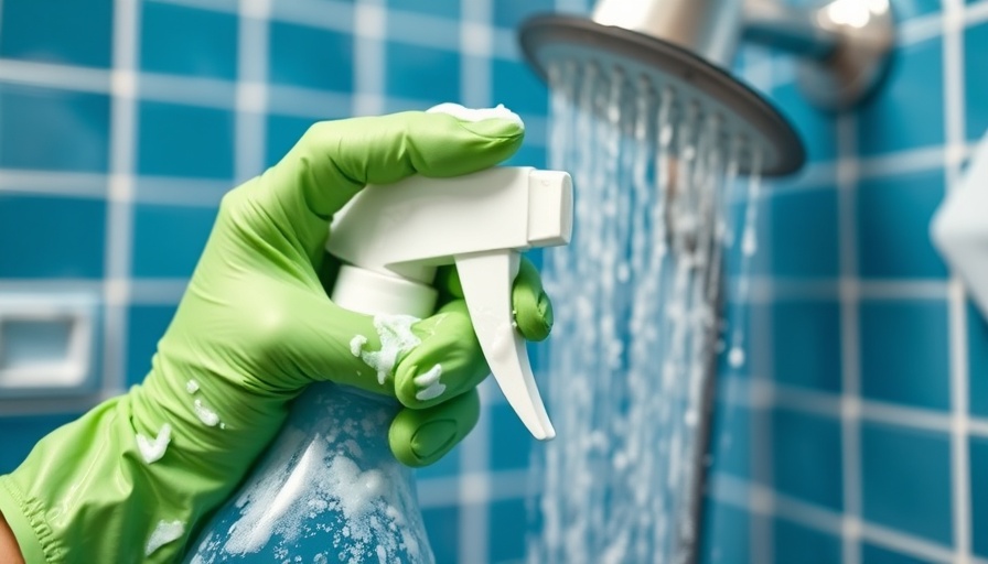 Person cleaning shower head with spray, wearing gloves, how to clean shower head.