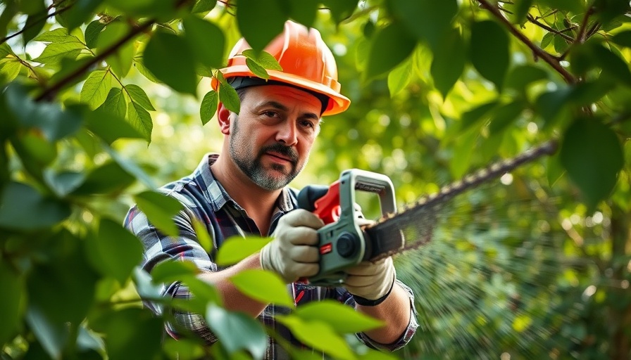 Man using Craftsman V20 Brushless RP Pole Saw to trim tree branch.