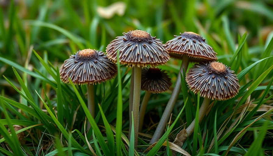 Shaggy ink cap mushrooms growing in grass.